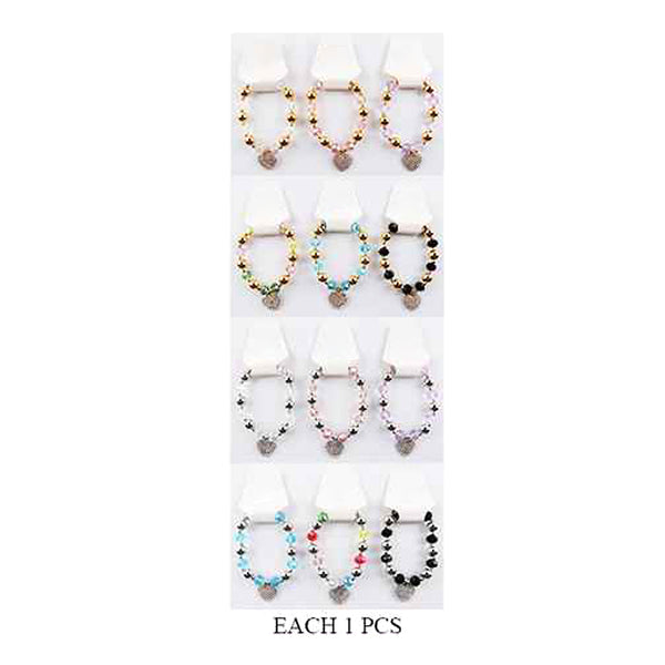 12PCS - Stone Paved Heart Charm Beaded Stretch Bracelets