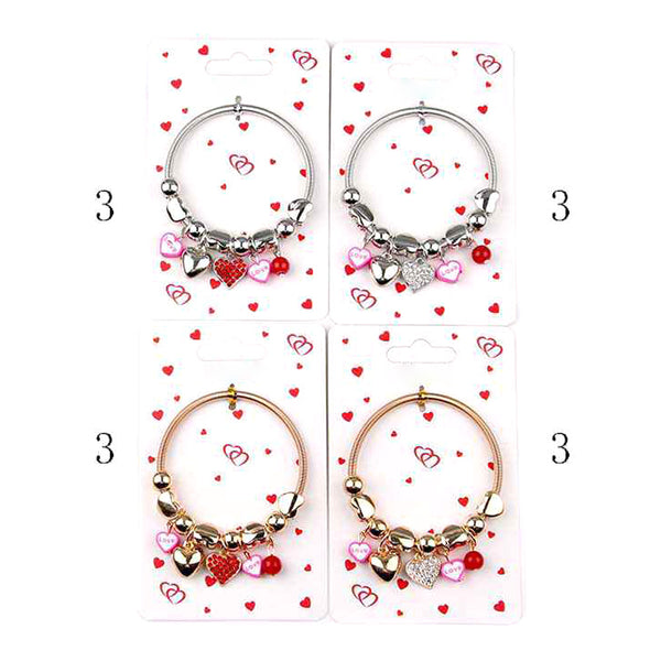 12PCS - Stone Paved Metal Heart Enamel Love Message Charm Stretch Bracelets