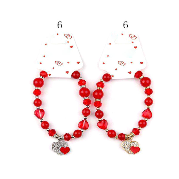 12PCS - Stone Paved Enamel Double Heart Charm Faceted Beaded Stretch Bracelets