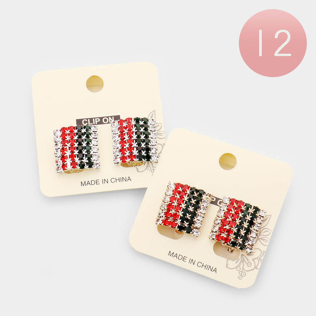 Madeline Love Clear, Green, Red 12Pairs - Color Block Rhinestone Square Clip on Earrings - Jewelry