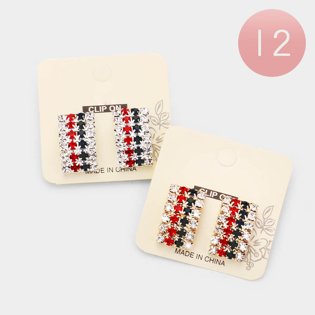 Madeline Love Clear, Green, Red 12Pairs - Color Block Rhinestone Rectangle Clip on Earrings - Jewelry