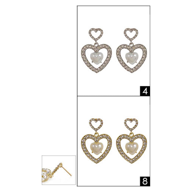 12Pairs - Heart Pearl Pointed Stone Paved Open Heart Dangle Earrings - Gold Silver - Earrings