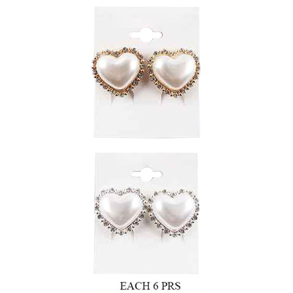 Rhinestone Trimmed Heart Pearl Clip on Earrings