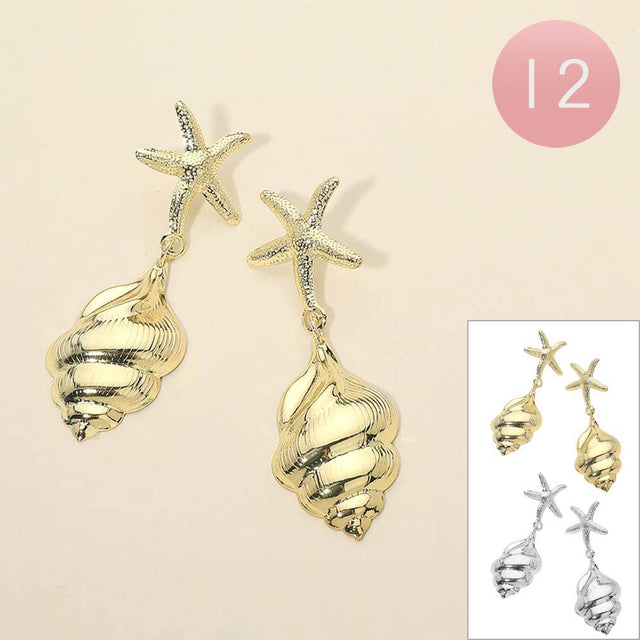 Madeline Love Gold, Silver 12Pairs - Metal Starfish Accent Shell Drop Earrings - Jewelry