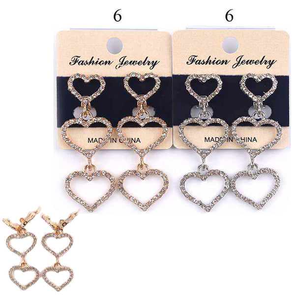 12PAIRS - Stone Paved Triple Heart Dropdown Clip On Earrings