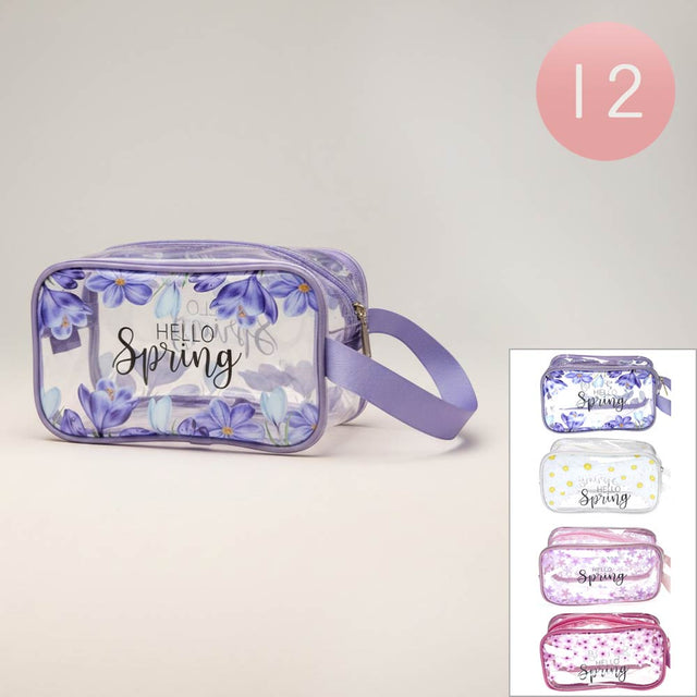 Madeline Love Assorted 12PCS - Hello Spring Message Flower Pattern Print Clear Cosmetic Makeup Travel Organizer Pouch Bags - Jewelry