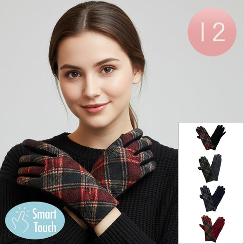12Pairs - Plaid Pattern Smart Touch Winter Gloves - Assorted