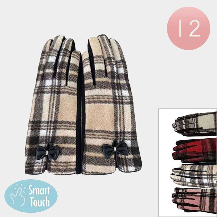 Assorted 12Pairs - Bow Accent Plaid Pattern Smart Touch Winter Gloves
