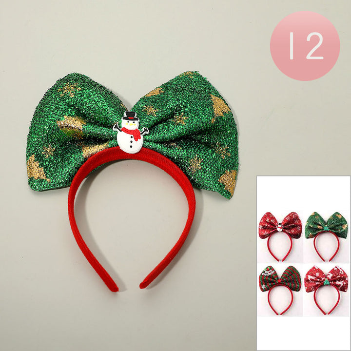 Assorted 12PCS - Christmas Theme Charm Accent Sparkled Bow Headbands