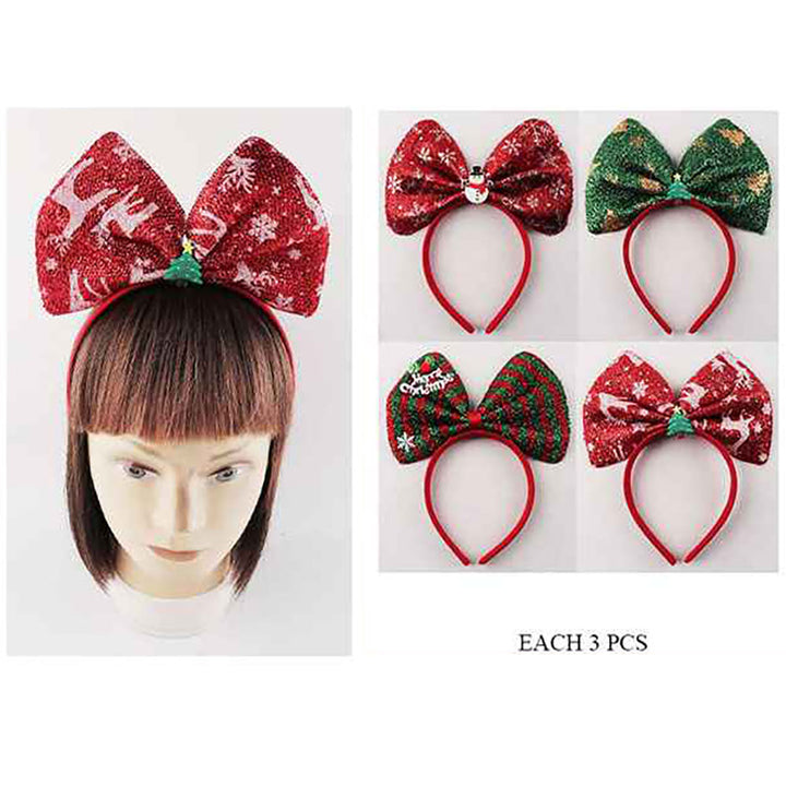 Assorted 12PCS - Christmas Theme Charm Accent Sparkled Bow Headbands