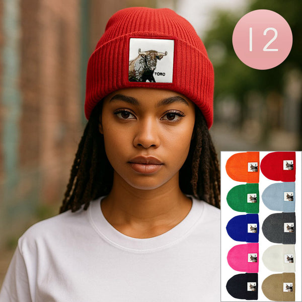 Assorted 12PCS - Bull Patch Winter Beanie Hats