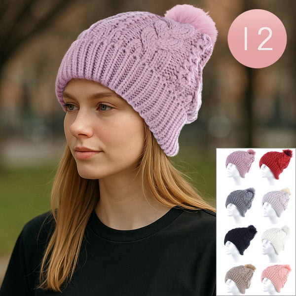 Assorted 12PCS - Pom Pom Knit Slouchy Winter Beanie Hats