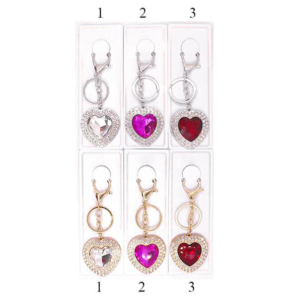 12PCS - Rhinestone Trimmed Heart Stone Keychains Set