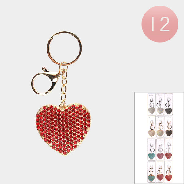 12PCS - Rhinestone Paved Heart Keychains Set