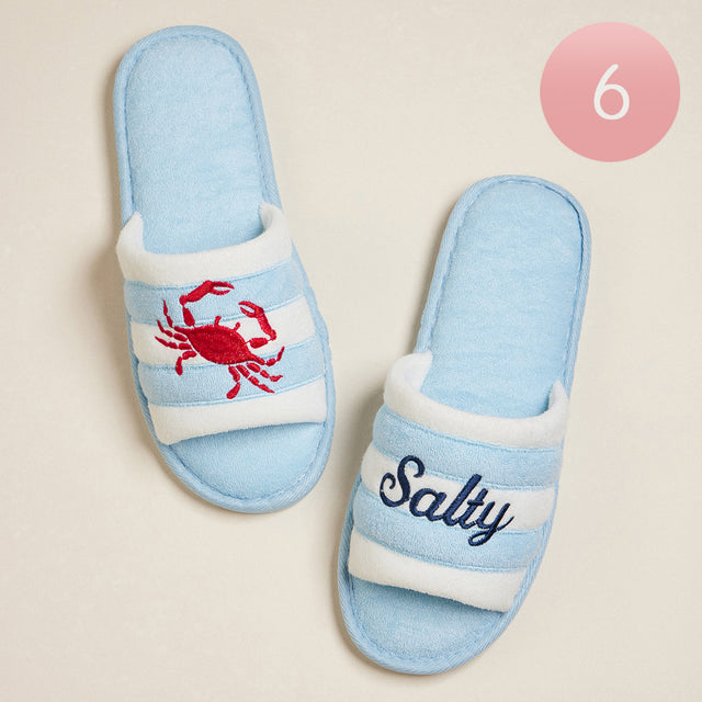 Blue 6Pairs - Crab Salty Message Embroidered Striped Pool Side Slippers / Home Indoor Floor Slippers