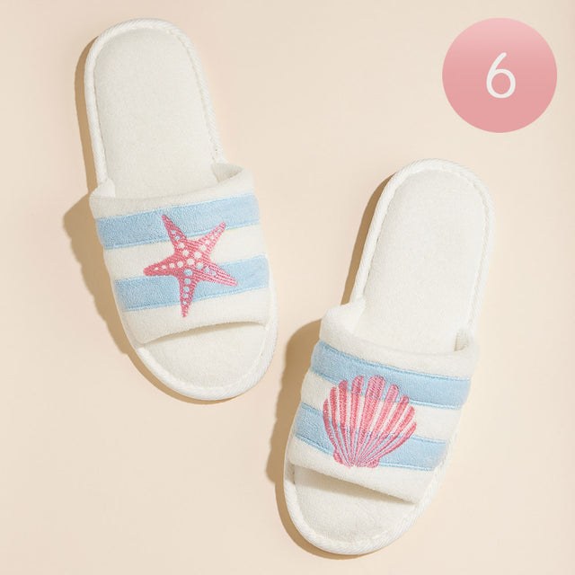 Blue 6Pairs - Starfish Seashell Embroidered Striped Pool Side Slippers / Home Indoor Floor Slippers