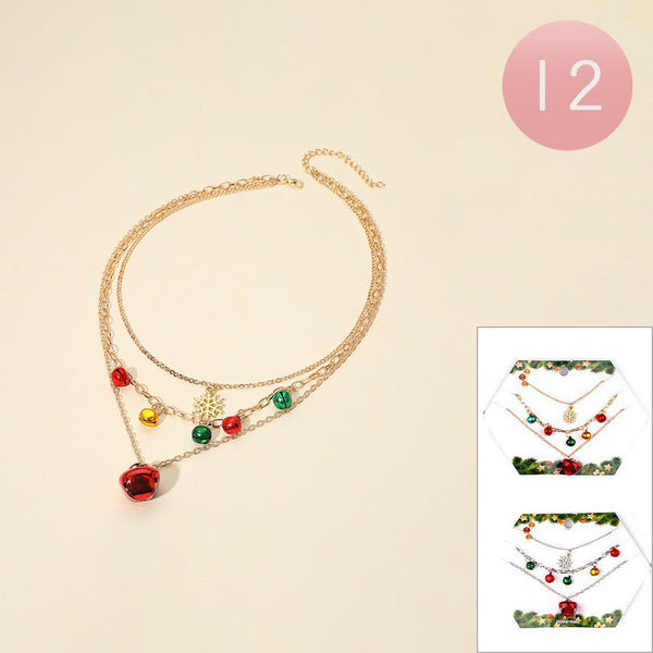 Assorted 12PCS - Holiday Snowflake Jingle Bell Charm Accent Layered Necklaces