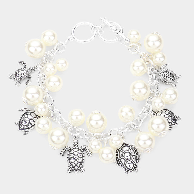 Madeline Love Antique Silver, Cream Antique Metal Turtle Charm Station Pearl Toggle Bracelet - Bracelets
