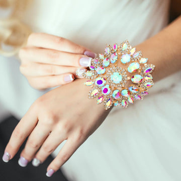 Madeline Love AB, Cream, Gold Round Oval Marquise Stone Embellished Pearl Bracelet - Bracelets