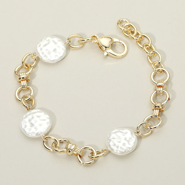 Madeline Love Gold 14K Gold Plated Textured Pearl Disc Station Chunky Chain Link Bracelet - Bracelets
