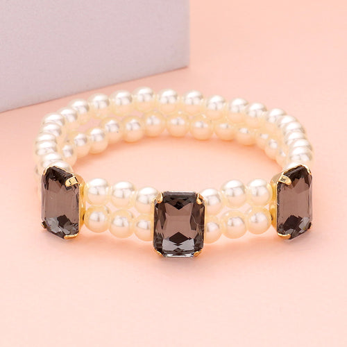 Rectangle Stone Accented Pearl Stretch Bracelet - Black Diamond