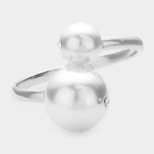 Hinged Pearl Rhinestone Bracelet - Rhodium, White