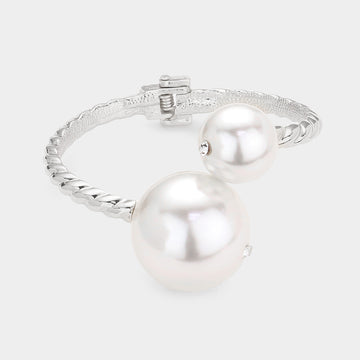 Madeline Love Rhodium, White Pearl Tip Hinged Bracelet - Bracelets