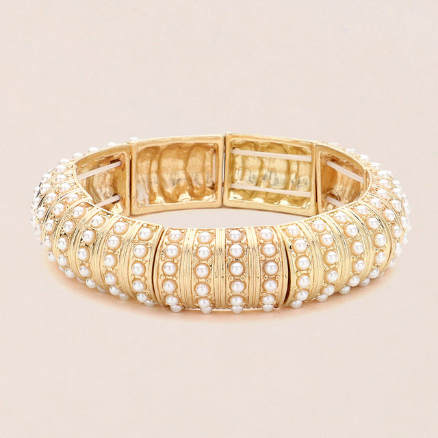 Madeline Love Cream, Worn Gold Pearl Paved Stretch Bangle Bracelet - Bracelets