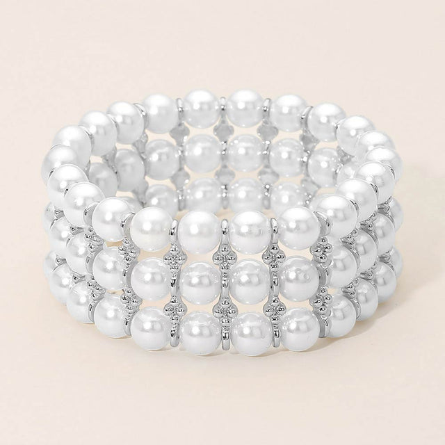 Madeline Love Rhodium, White Wide Pearl Beaded Strand Stretch Bracelet - Bracelets
