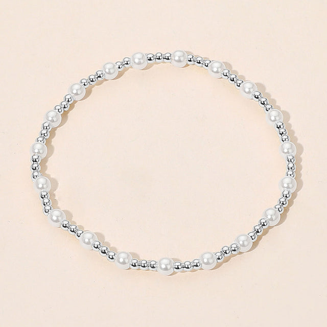 Madeline Love Silver Pearl Accent Stainless Steel Ball Beaded Stretch Bracelet - Bracelets