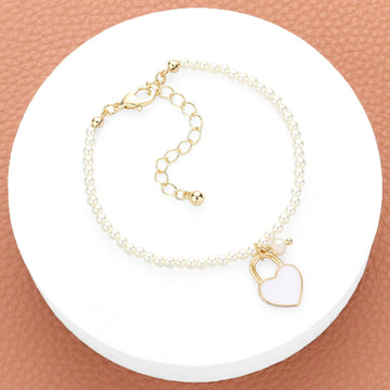 Madeline Love Gold, White Enamel Heart Charm Pendant Pearl Bracelet - Bracelets