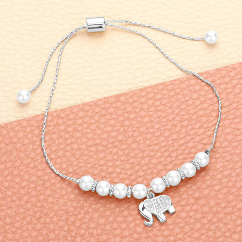 CZ Stone Paved Elephant Charm Pearl Beaded Cinch Pull Tie Adjustable Bracelet - Rhodium, White