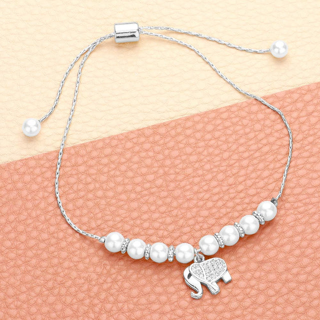 Madeline Love Rhodium, White CZ Stone Paved Elephant Charm Pearl Beaded Cinch Pull Tie Adjustable Bracelet - Bracelets