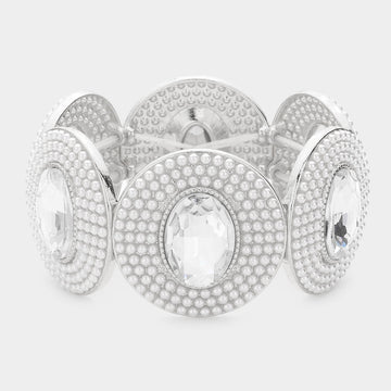 Madeline Love Silver Oval Stone Centered Pearl Cluster Stretch Bracelet - Bracelets