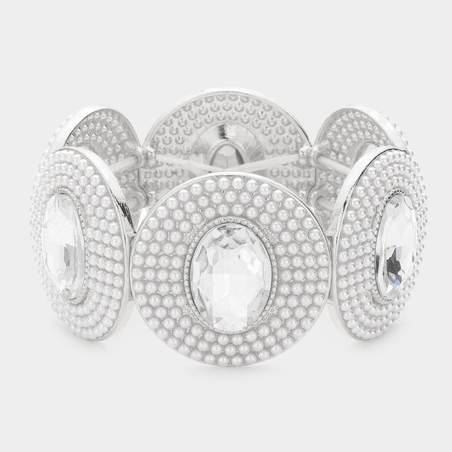 Madeline Love Silver Oval Stone Centered Pearl Cluster Stretch Bracelet - Bracelets