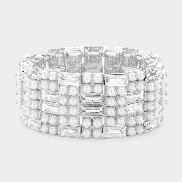 Madeline Love Clear, Silver Baguette Glass Stone Pointed Pearl Embellished Stretch Bracelet - Bracelets