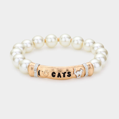 I LOVE CATS Message Pearl Stretch Bracelet - Worn Gold