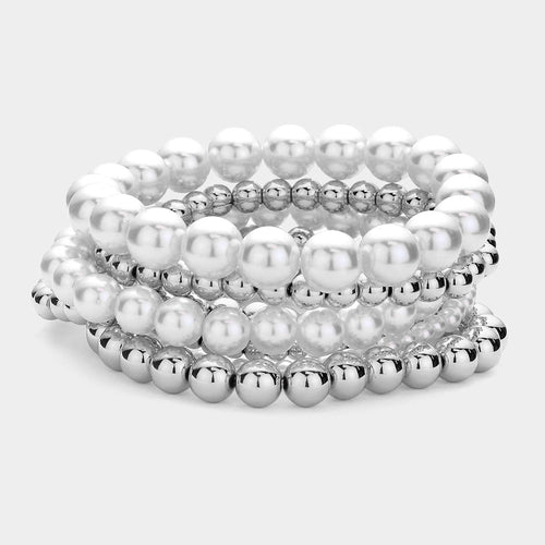 7PCS - Pearl Metal Ball Stretch Multi Layered Bracelets - Cream, Rhodium