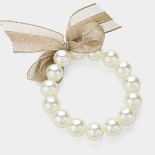 Bow Pointed Pearl Stretch Bracelet - Beige, Cream
