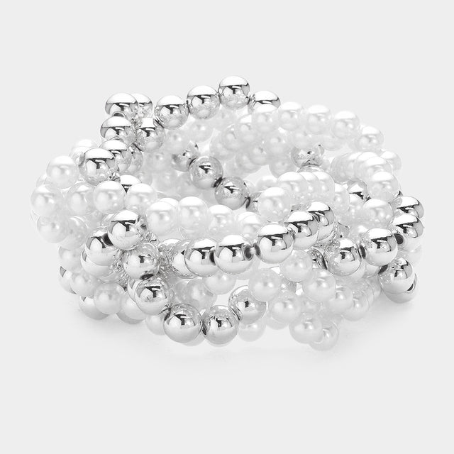 Madeline Love Rhodium, White Pearl Metal Ball Beaded Twisted Stretch Bracelet - Bracelets
