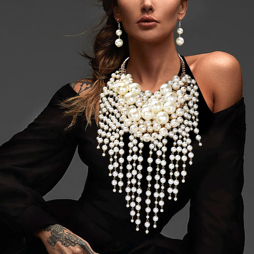 Women's Pearl Cluster Statement Necklace Jewelry Set - Cream