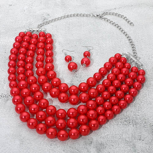 Women's Pearl Beaded Multi Strand Statement Necklace - Red, Rhodium