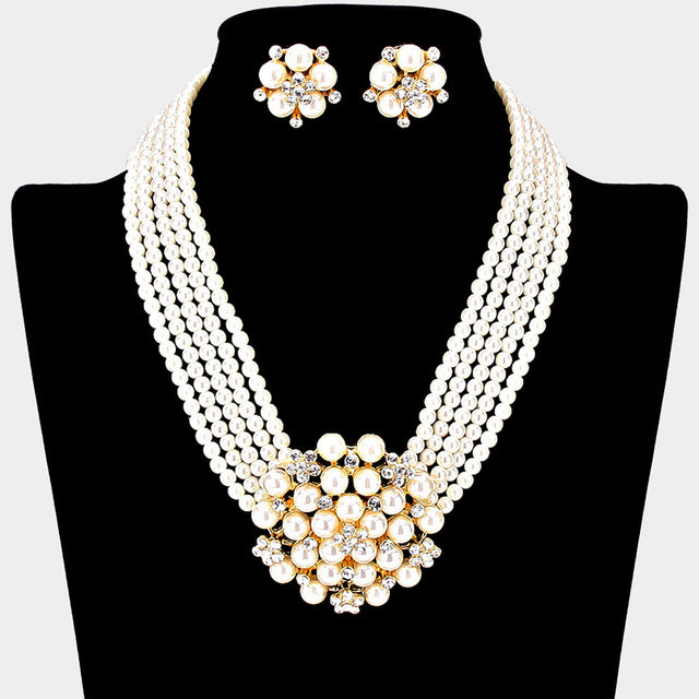 Madeline Love Cream Pearl Cluster Flower Necklace Clip on Earring set - Necklaces