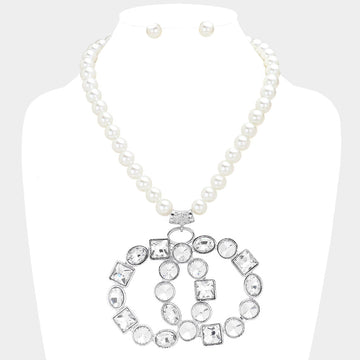 Madeline Love Clear, Rhodium Multi Stone Embellished Double Open Circle Link Pendant Pearl Necklace - Necklaces