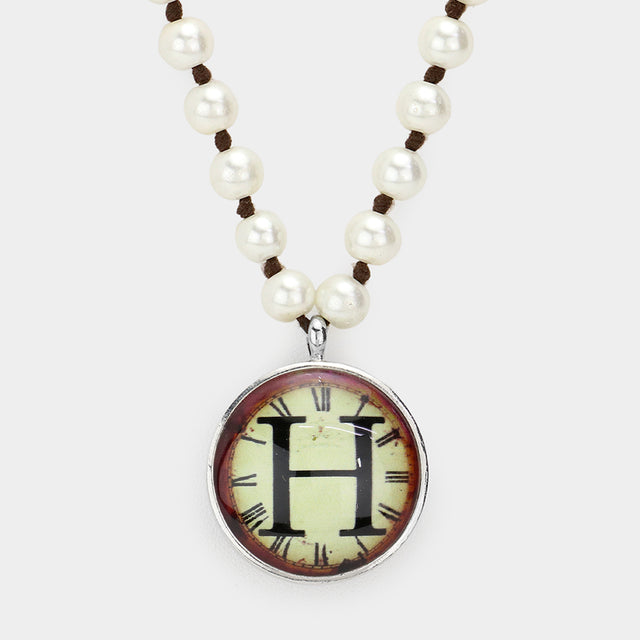 Madeline Love Cream, Rhodium -H- Initial Monogram Pearl Beaded Watch Printed Long Necklace - Necklaces