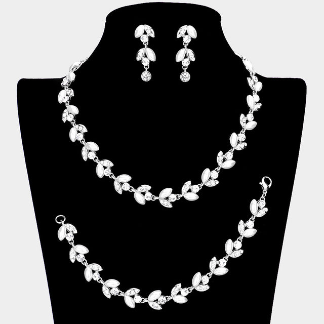 Madeline Love Silver, White 3PCS Crystal Rhinestone Pearl Leaf Cluster Necklace Set - Necklaces