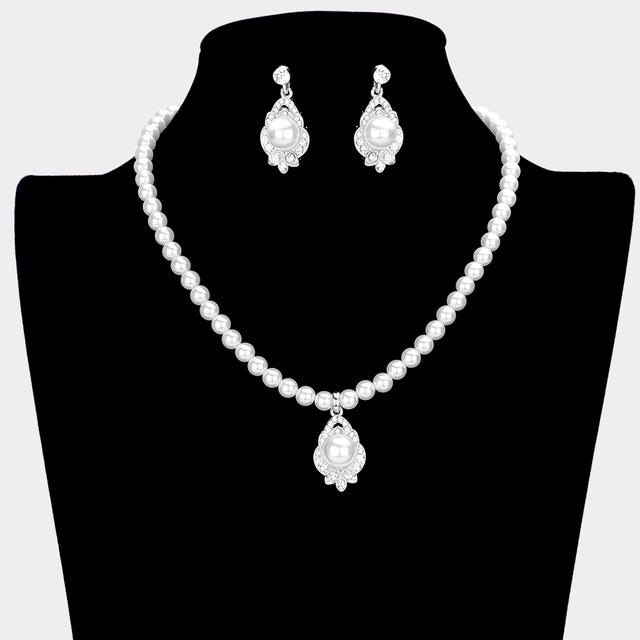 Madeline Love White Pearl Centered Rhinestone Embellished Pendant Necklace - Necklaces