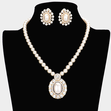 Madeline Love Cream Oval Pearl Centered Bubble Stone Trimmed Pendant Necklace Clip On Earring Set - Necklaces