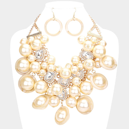 Women's Pearl Cluster Statement Necklace Jewelry Set - Cream, Gold