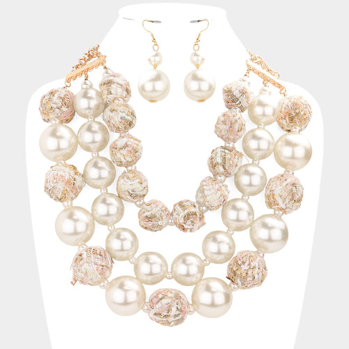 Tweed Fabric Ball Pearl Triple Layered Bib Necklace - Ivory